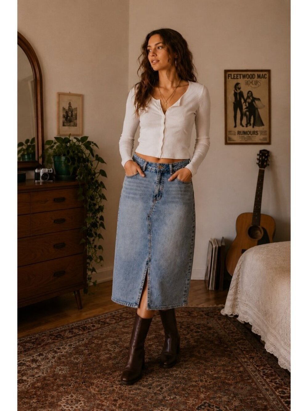 BlankNYC Denim Maxi Skirt  Boho Western Pockets Front Slit Size 30 Medium Wash